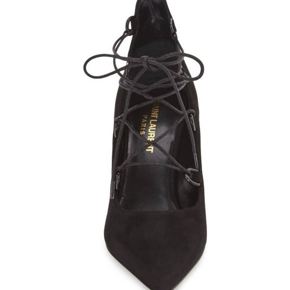 Saint Laurent Paris Thorn Lace-Up Pointed Toe Pumps Black Suede Size 37.5 - Picture 3 of 8